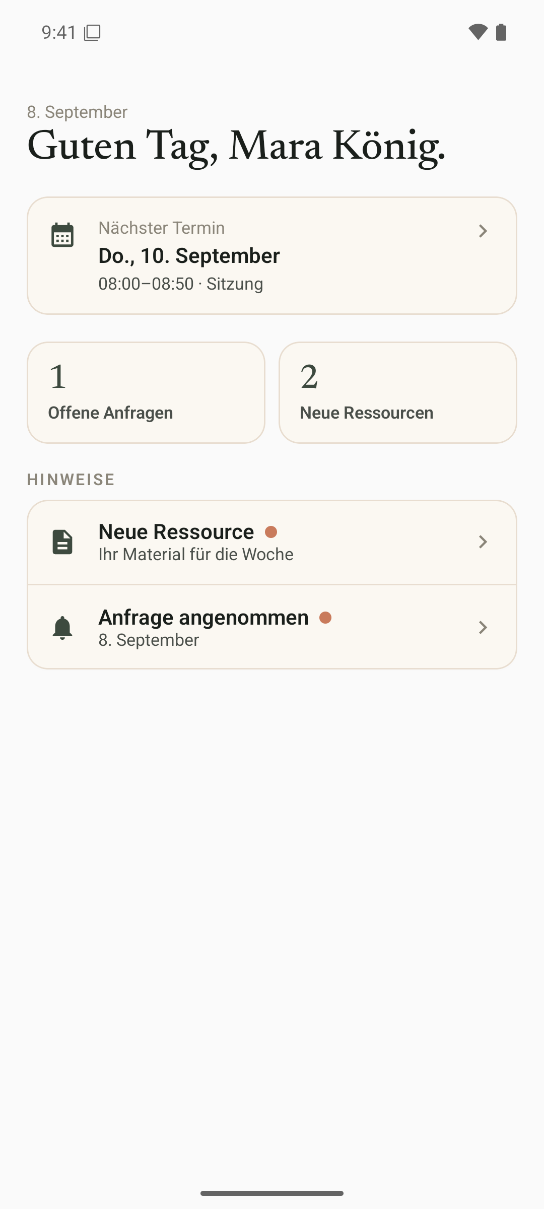 Masiah Patient:innen-App für Android mit nächstem Termin, Anfragen und neuen Ressourcen.