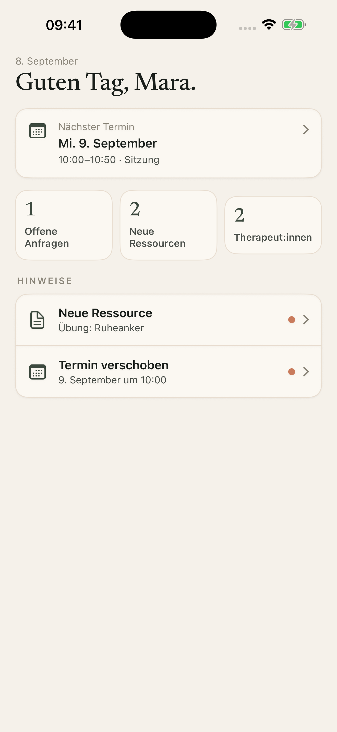 Masiah Patient:innen-App für iOS mit nächstem Termin, Anfragen und neuen Ressourcen.