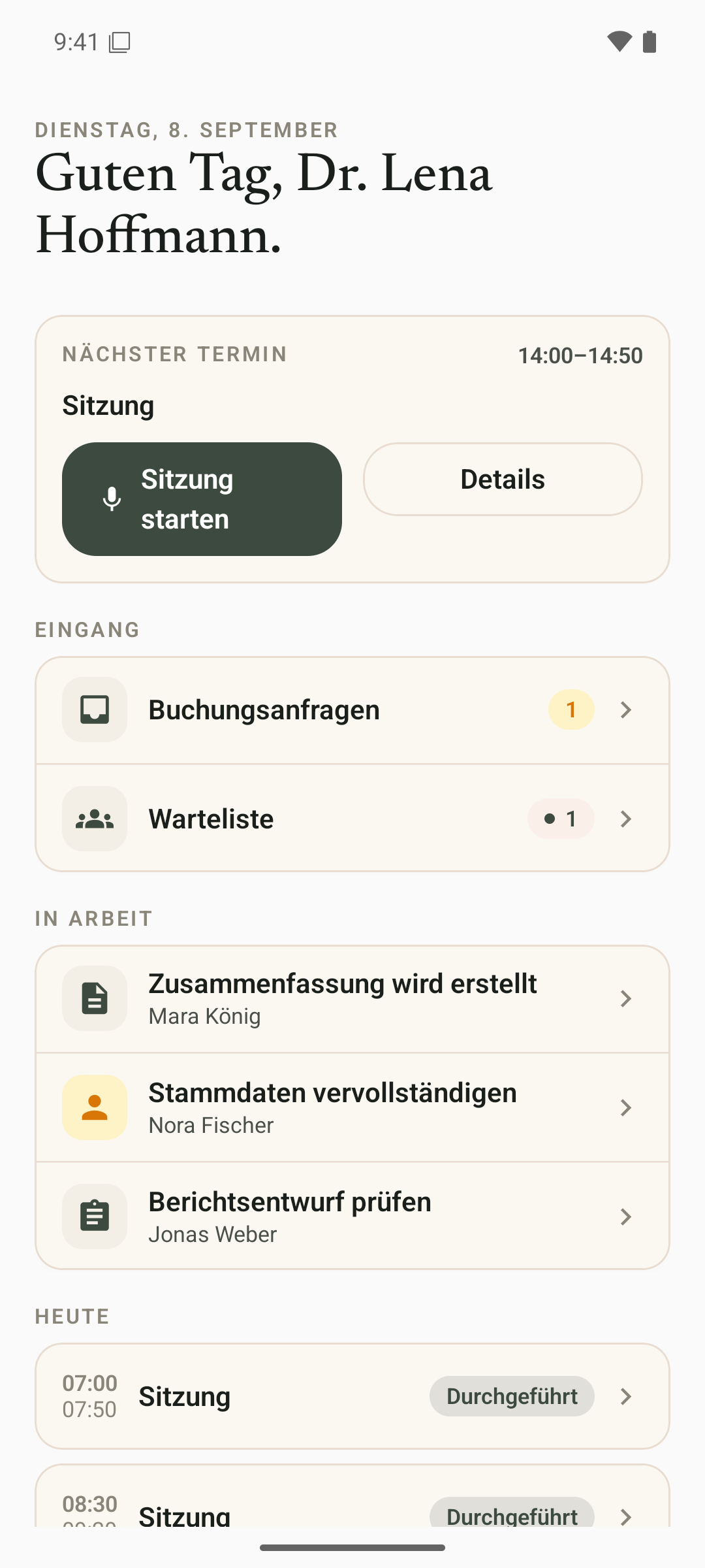 Masiah Therapeut:innen-App für Android mit Tagesplan, Anfragen und offener Dokumentation.