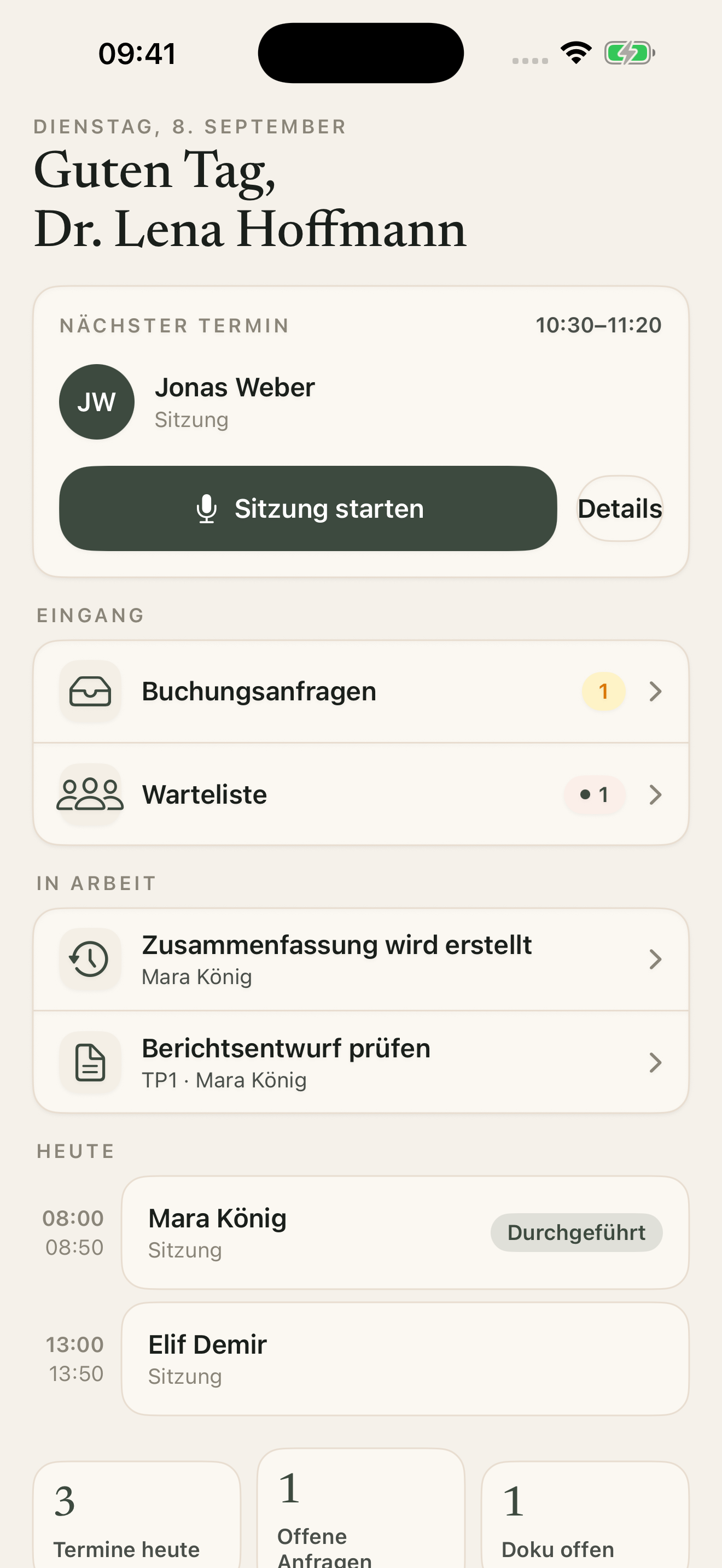 Masiah Therapeut:innen-App für iOS mit Tagesplan, Anfragen und offener Dokumentation.