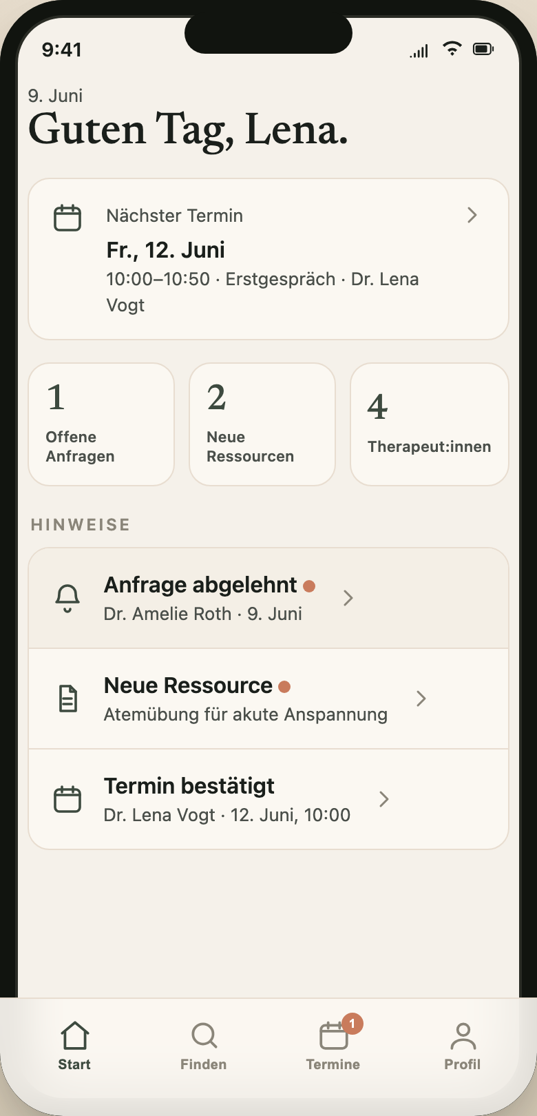 Designvorschau der Patient:innen-App mit fiktivem Termin und Materialien.