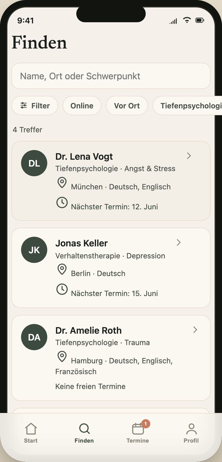 Designvorschau der angemeldeten Therapeut:innensuche mit fiktiven Profilen.